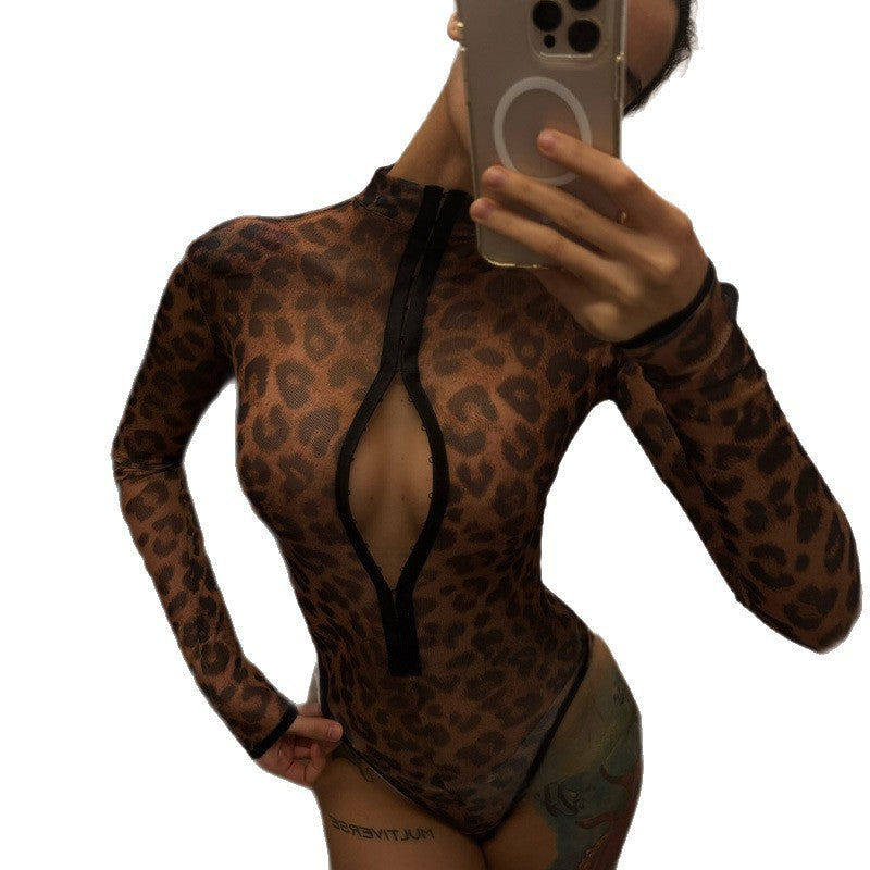 Damen Modischer Bodysuit mit tiefem V-Ausschnitt und Leopardenmuster Drune