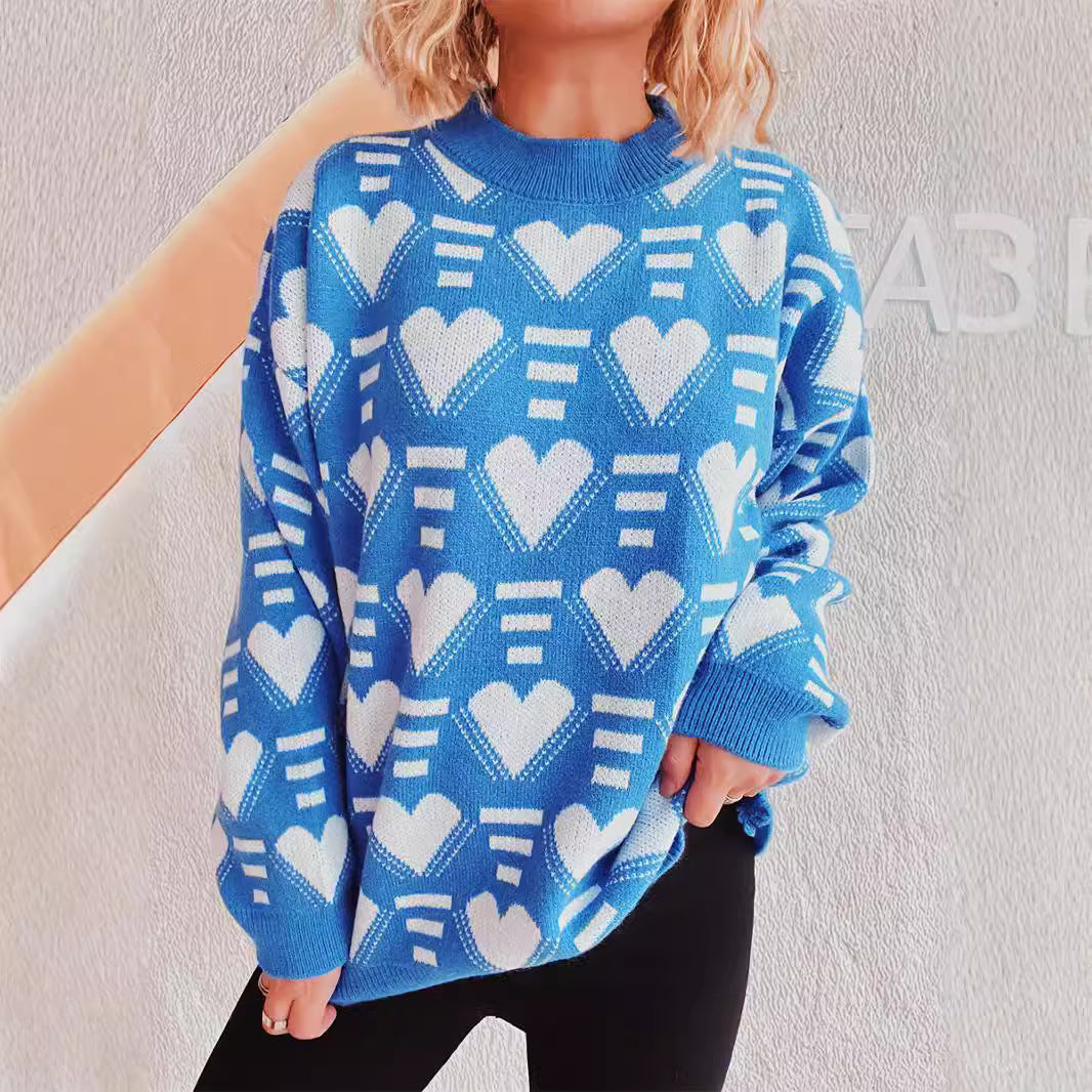 Damen gestrickter Pullover im modernen Herzdesign mit weitem Schnitt Drune