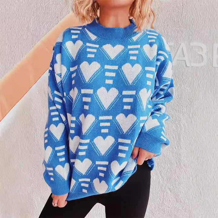 Damen gestrickter Pullover im modernen Herzdesign mit weitem Schnitt Drune