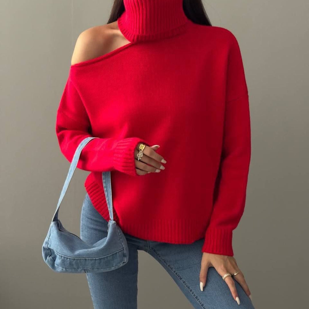 Damen modischer Rollkragenpullover mit schulterfreiem Design und eleganten Rippdetails Drune