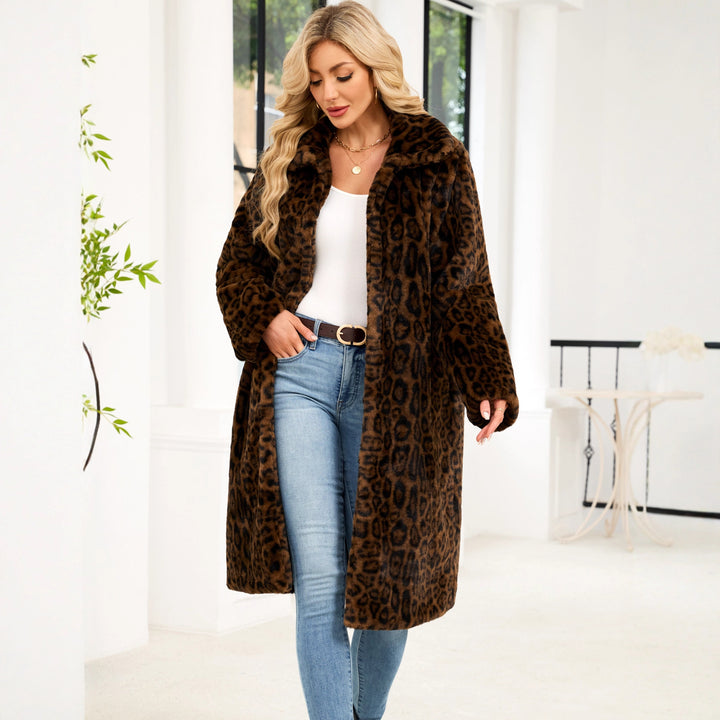 Damen Modischer Kunstpelzmantel mit Leopardenmuster Drune