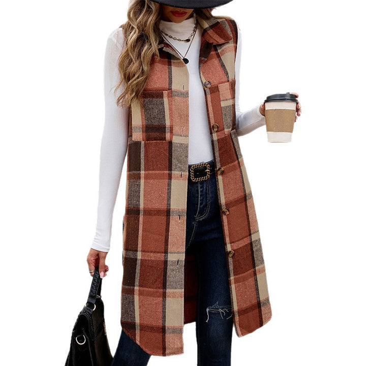 Damen Langarm-Weste mit Karo-Muster und praktischen Taschen Drune