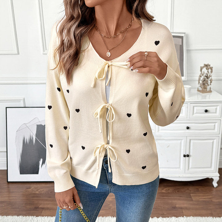 Damen Strickjacke mit Herzmuster und verstellbarem Bund Drune