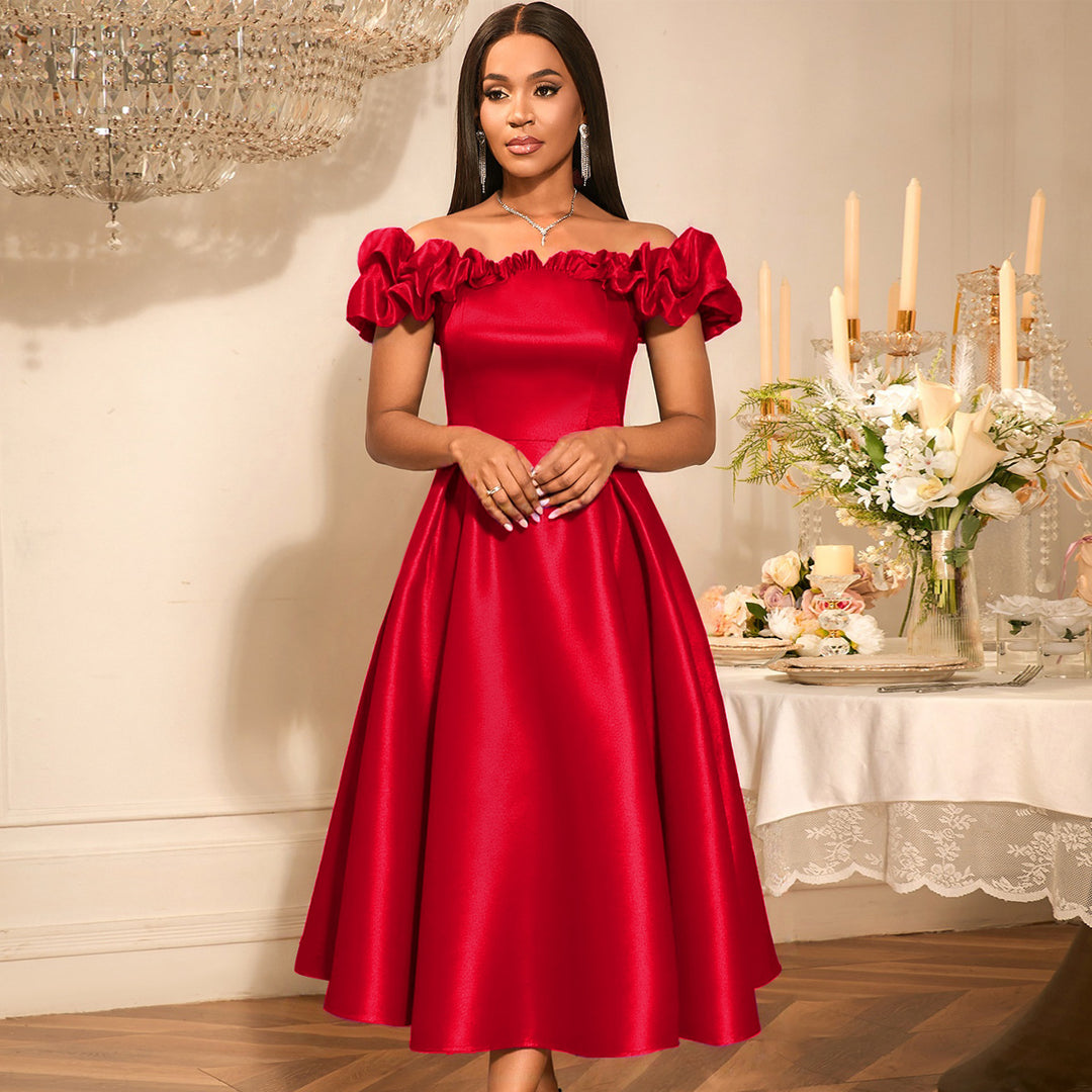 Damen Cocktailkleid mit schulterfreiem Design und voluminösen Rüschendetails Drune