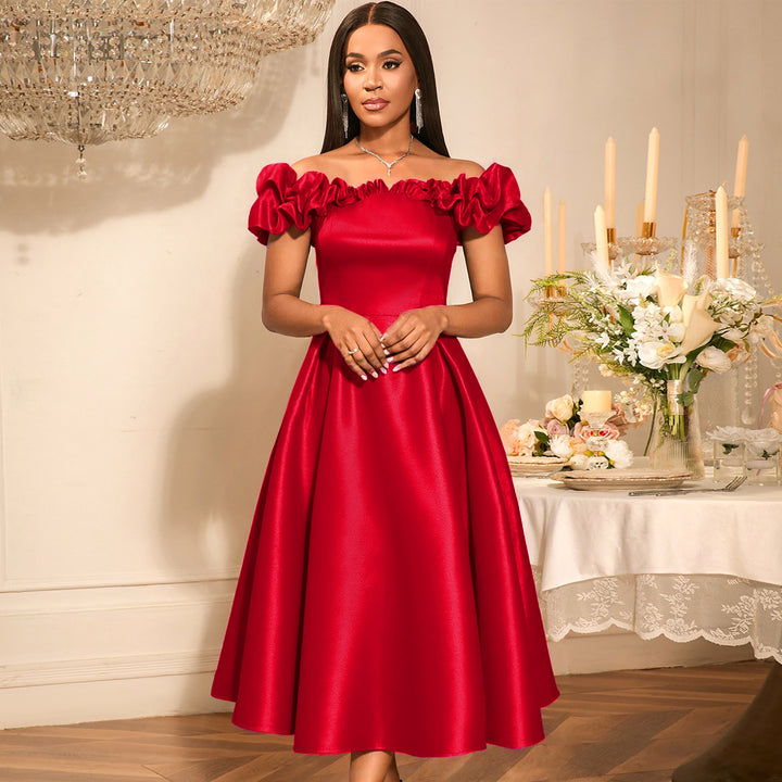 Damen Cocktailkleid mit schulterfreiem Design und voluminösen Rüschendetails Drune