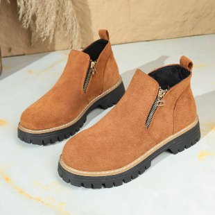 Damen nan knöchelhohe Wildlederimitat-Stiefelette mit seitlichem Reißverschluss, Zuglasche und robust profilierter Gummisohle Drune