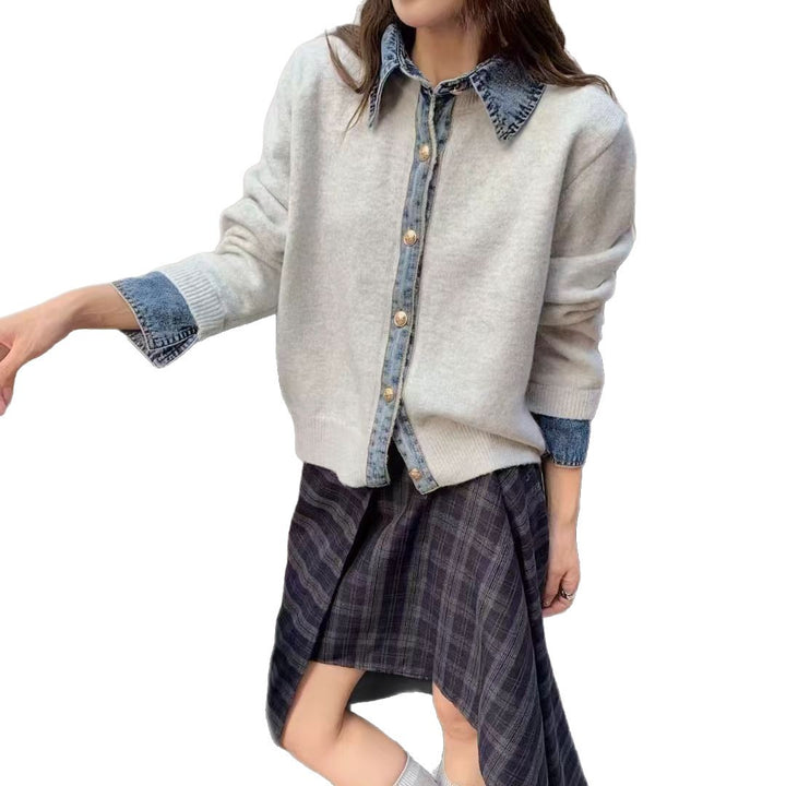 Damen modische Strickjacke mit innovativem Kragen und eleganten Knopfdetails Drune