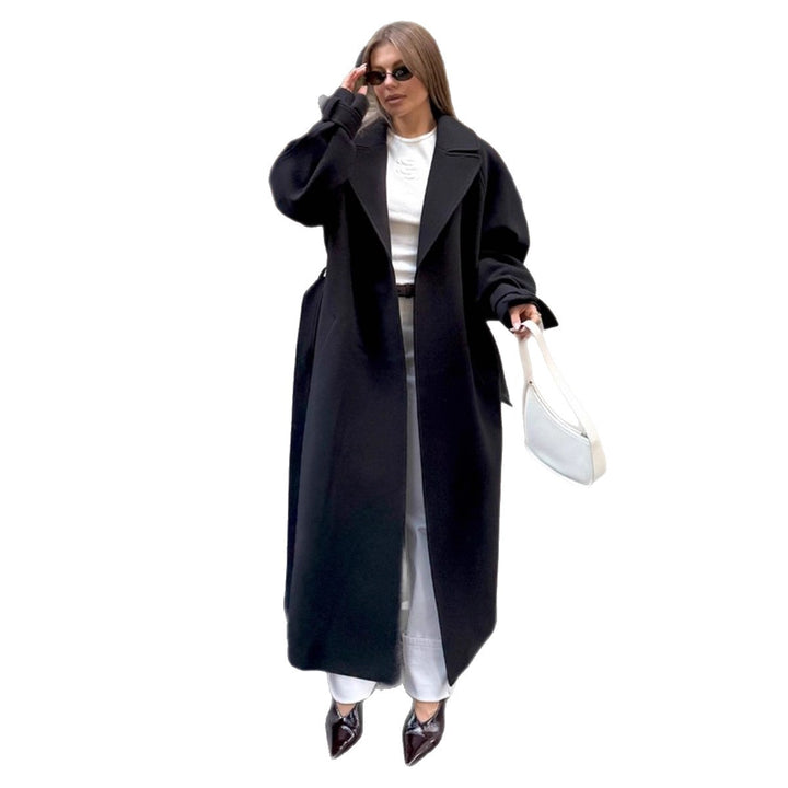 Damen Eleganter Wickelmantel mit breitem Kragen und Gürtel Drune