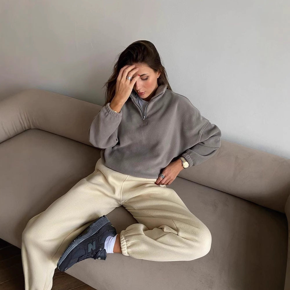Damen modischer Fleece-Pullover mit Halb-Reißverschluss und überschnittenen Schultern Drune