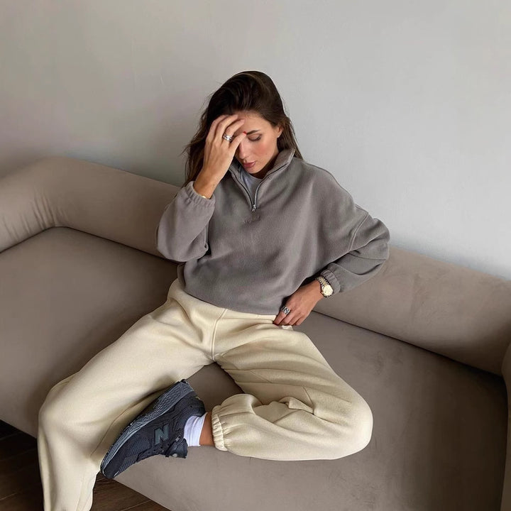 Damen modischer Fleece-Pullover mit Halb-Reißverschluss und überschnittenen Schultern Drune