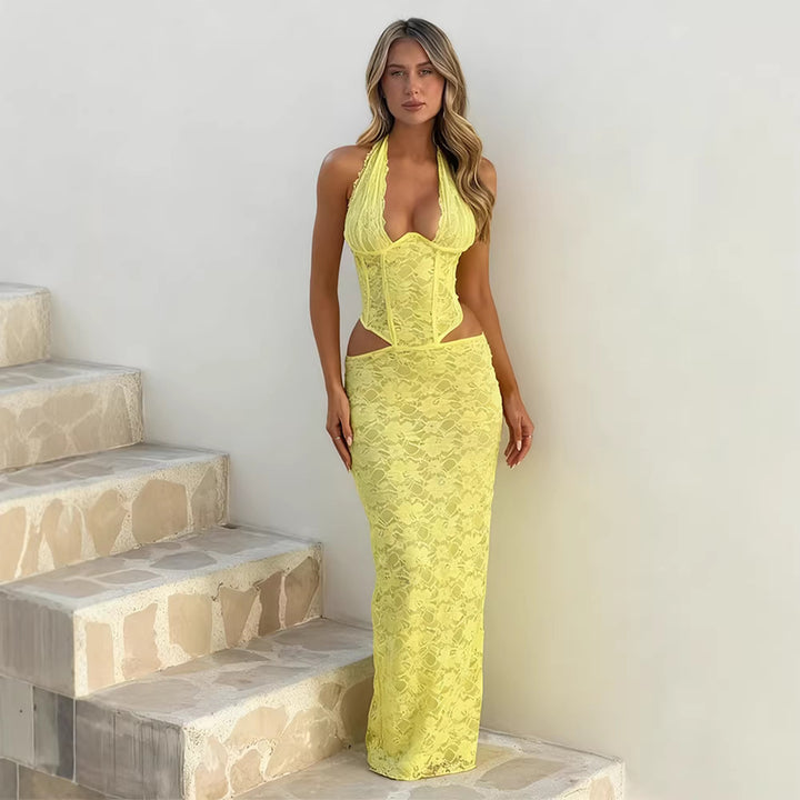 Damen Langes Spitzenkleid mit sexy Ausschnitten und raffinierten Details Drune