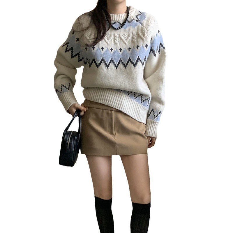 Damen modischer Strickpullover mit grafischem Muster Drune