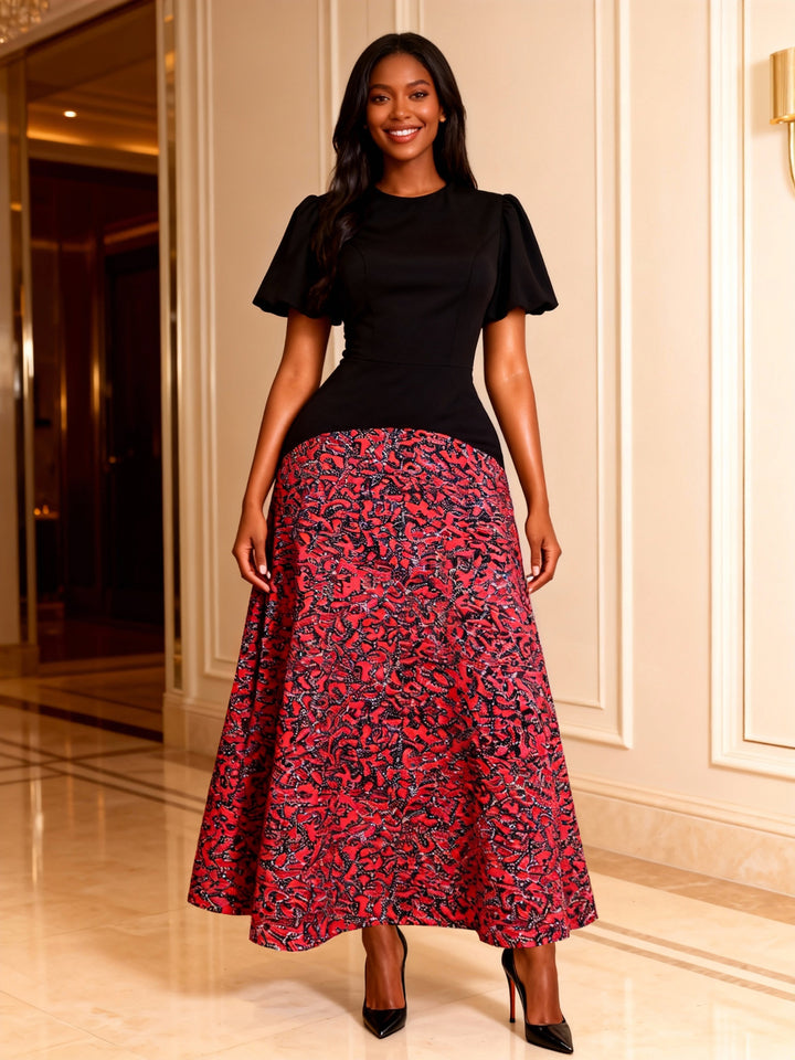 Damen Elegantes Maxikleid mit grafischem Muster und Puffärmel Drune