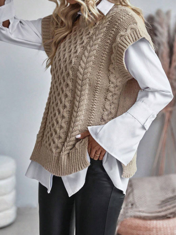 Damen Modischer Strickpullover mit luxuriösem Zopfmuster und ärmelloser Gestaltung Drune