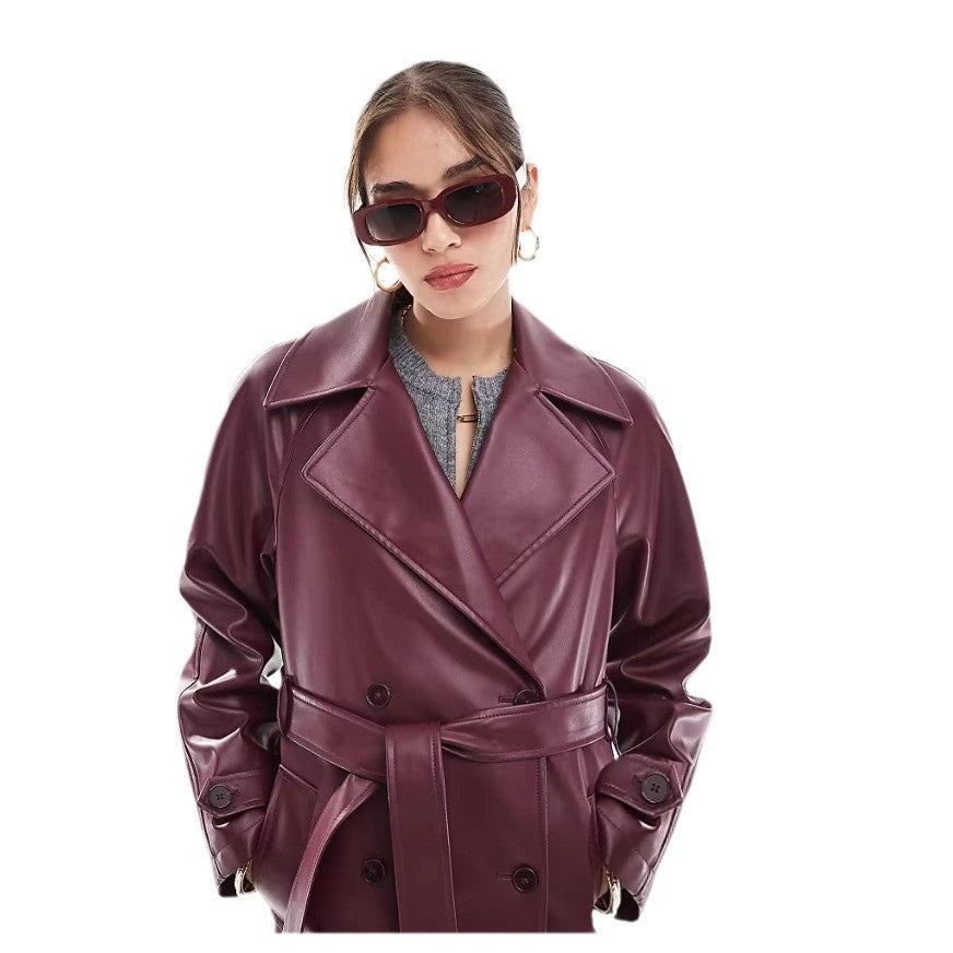 Damen modische Trenchjacke aus veganem Leder Drune