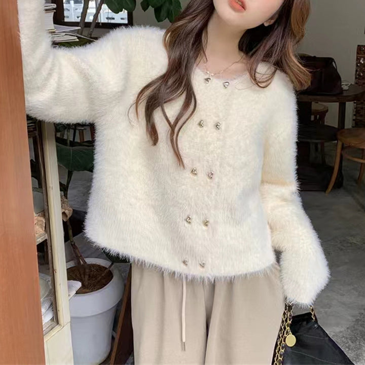 Damen kuschelige Strickjacke mit dekorativen Knöpfen Drune