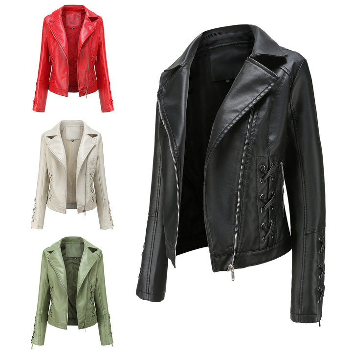 Damen modische Kunstlederjacke mit raffinierten Schnürdetails Drune