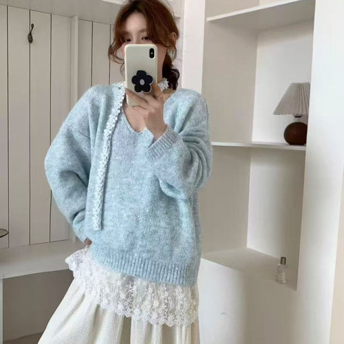 Damen gemütlicher Strickpullover mit elegantem Spitzenunterteil Drune