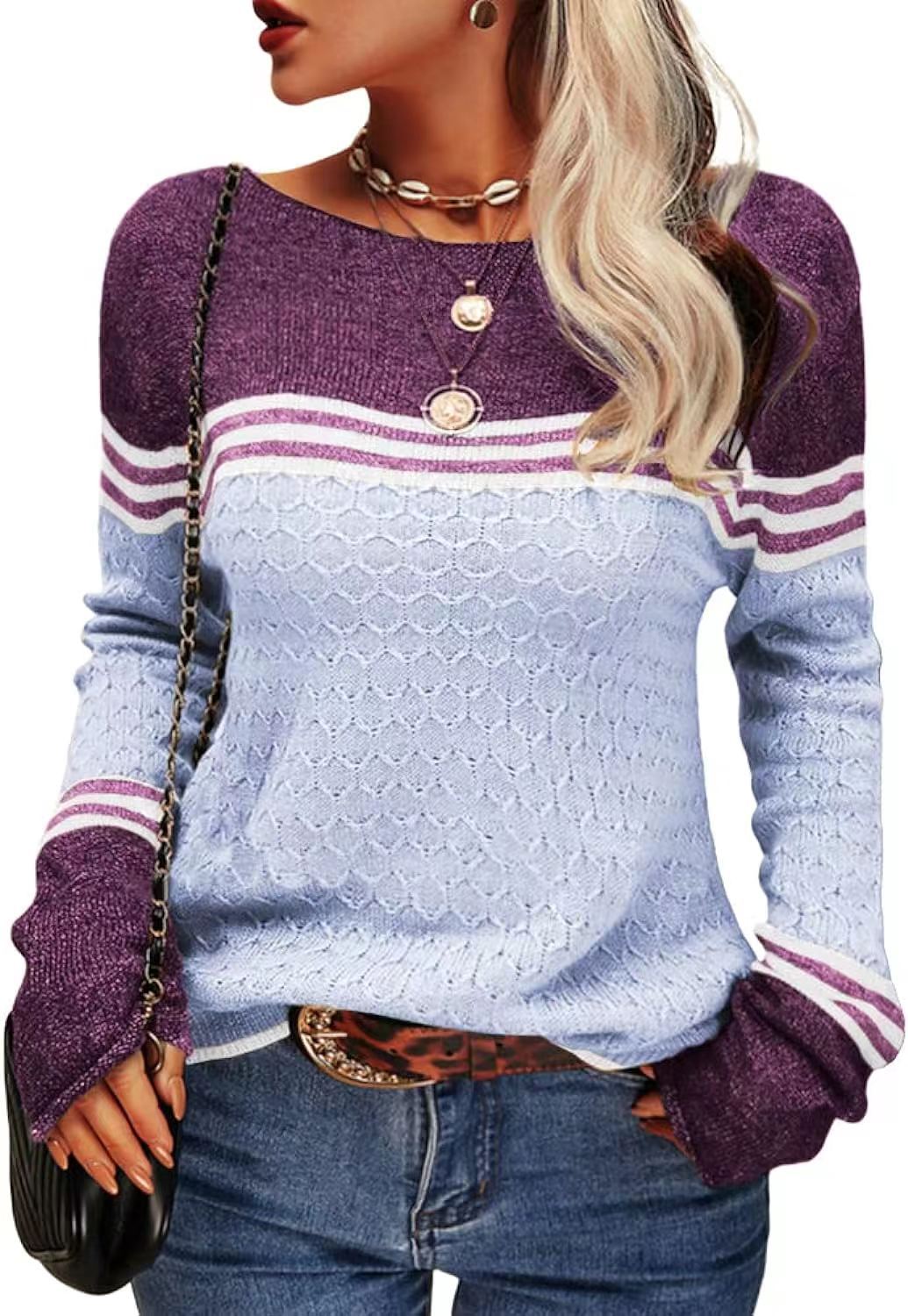 Damen lässiger Strickpullover mit kontrastierenden Farbblöcken und einzigartiger Textur Drune