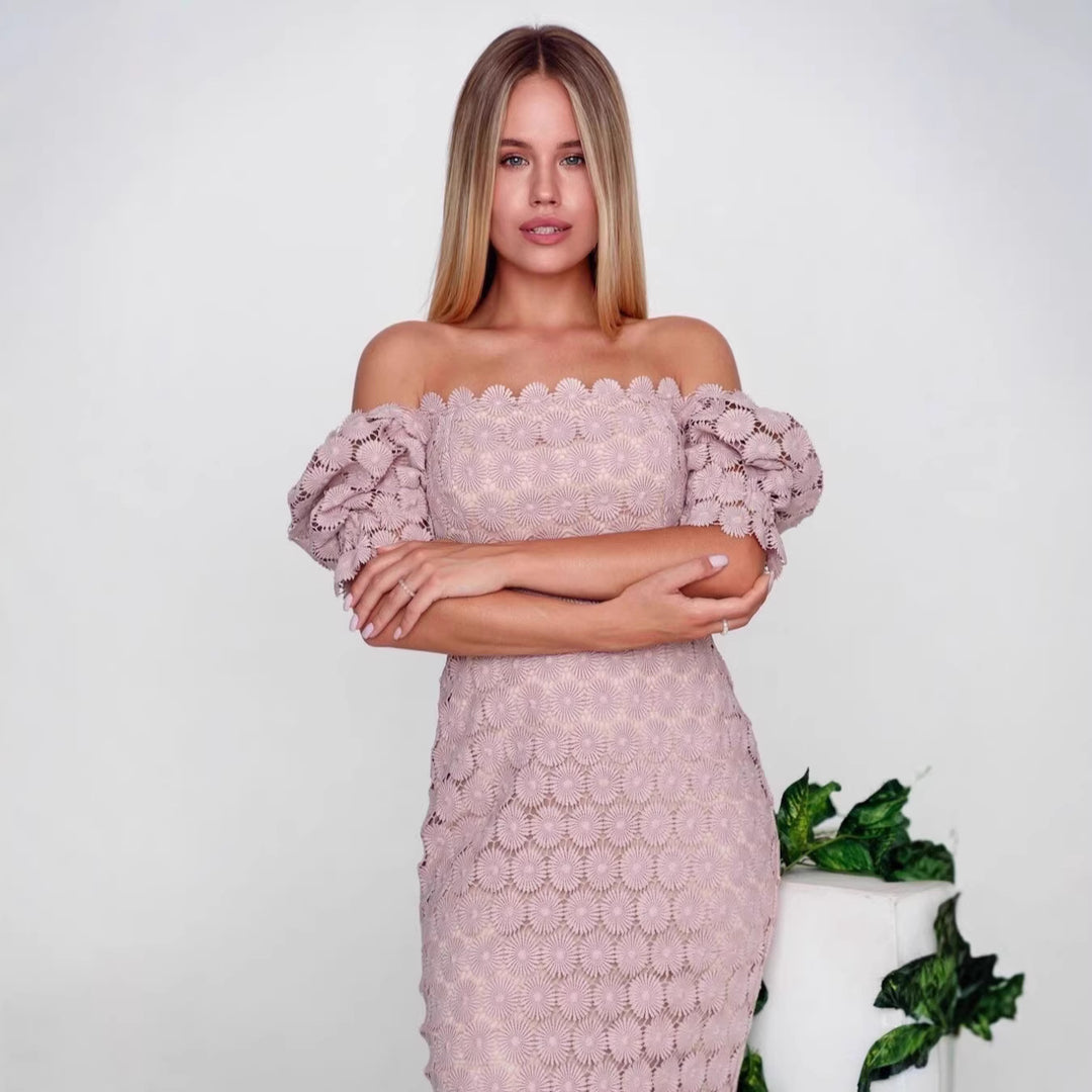 Damen Spitzenkleid mit floralen Elementen und voluminösen Ärmeln Drune