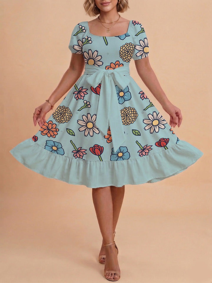 Damen Midi Kleid mit elegantem Blumendruck und tailliertem Gürtel Drune