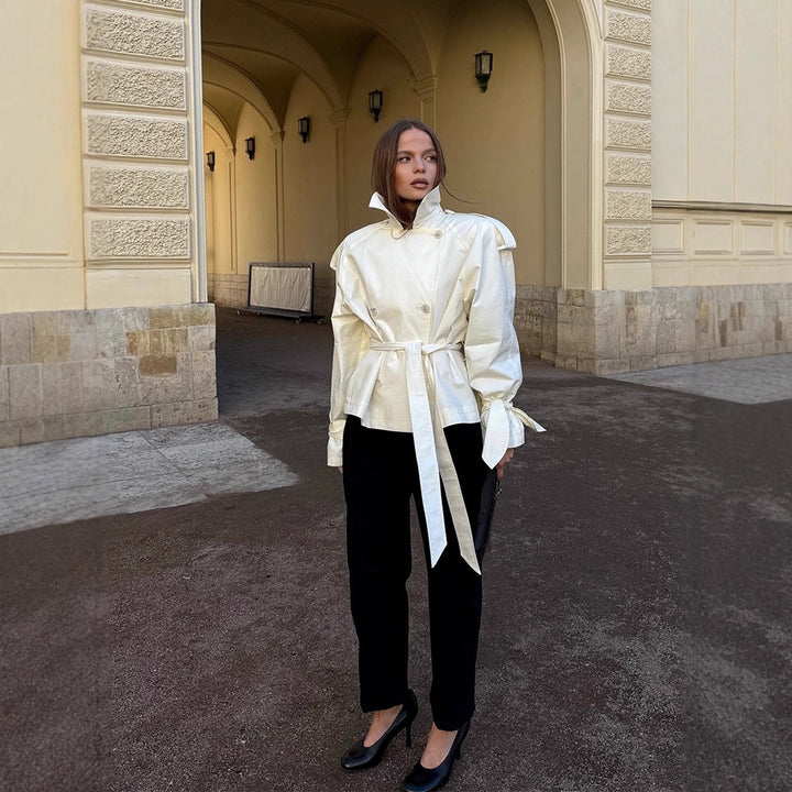 Damen modische Kurzjacke mit Taillengürtel und elegantem Schnitt Drune