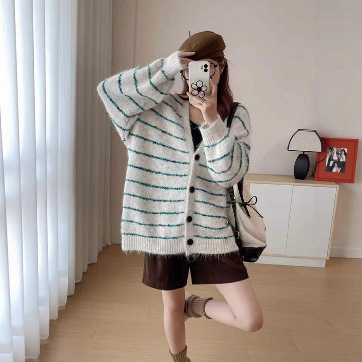 Damen Grobstrickcardigan mit kontrastierenden Streifen und sanften Ärmeln Drune