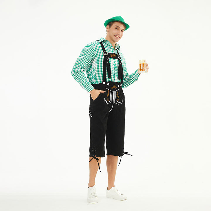Herren nan moderne Samt-Trachtenkniebundhose mit dekorativer Stickerei und verstellbaren Trägern Drune