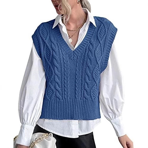 Damen Strickpullover im Vintage-Look mit V-Ausschnitt und Zopfmuster Drune