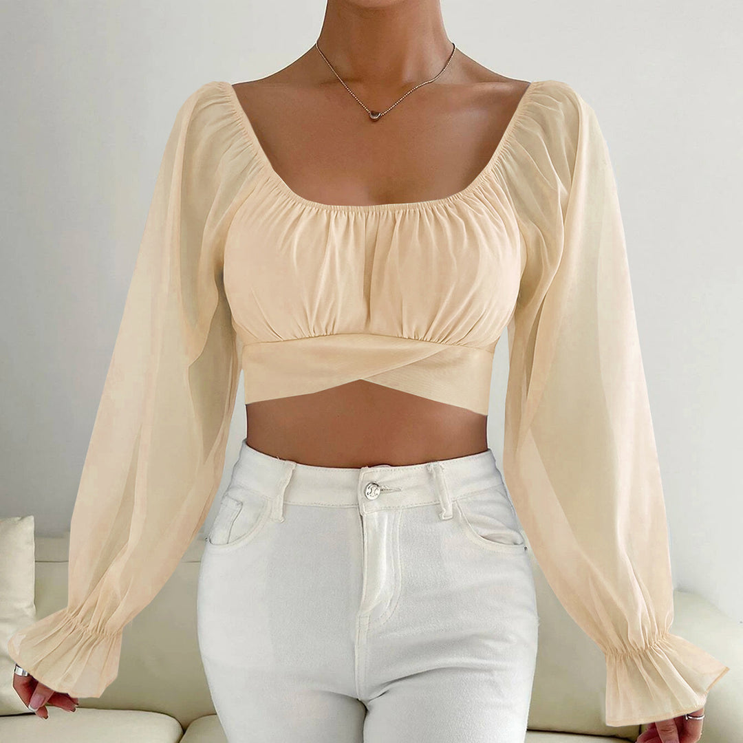 Damen Cropped Bluse mit Puffärmeln und raffiniertem Schnitt Drune