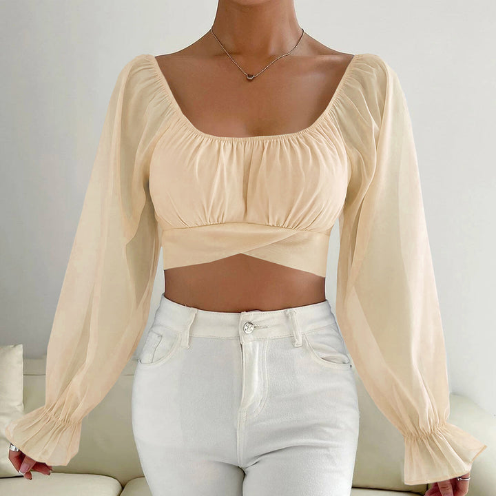 Damen Cropped Bluse mit Puffärmeln und raffiniertem Schnitt Drune