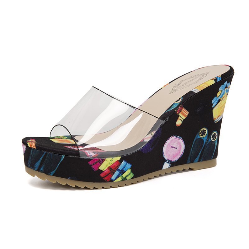 Damen nan PVC-Riemen Keilpantoletten mit floral bedruckter Keilsohle und ergonomischem Komfortfußbett Drune