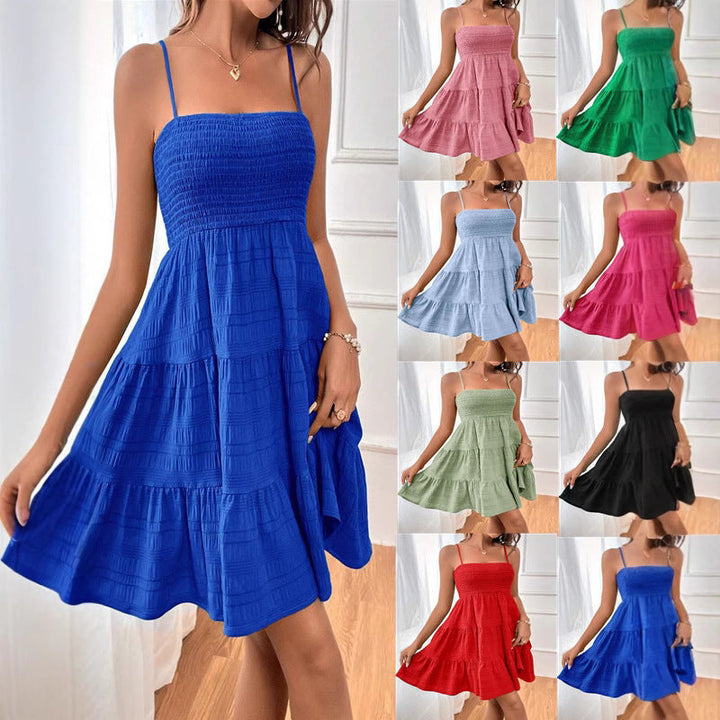 Damen lässiges Trägerkleid mit voluminösem Rock und geripptem Oberteil Drune