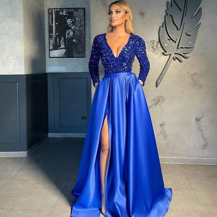 Damen Glamouröses Abendkleid mit funkelnden Pailletten und hohem Schlitz Drune