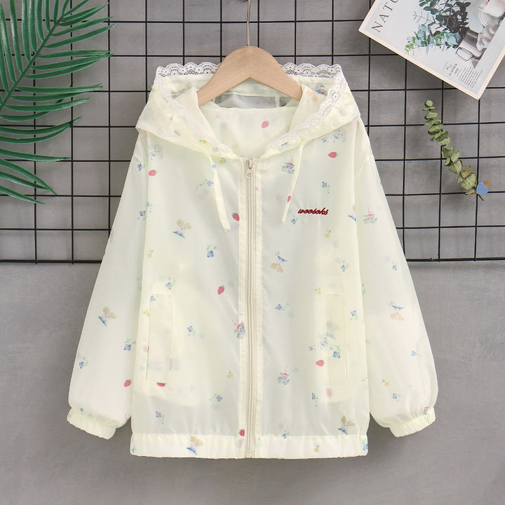 Damen nan leichte Kapuzen-Sommerjacke mit Spitzenbesatz, zartem Allover-Print und Reißverschluss Drune