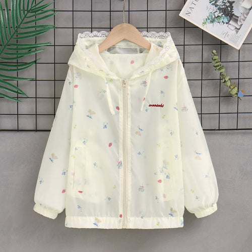 Damen nan leichte Kapuzen-Sommerjacke mit Spitzenbesatz, zartem Allover-Print und Reißverschluss Drune