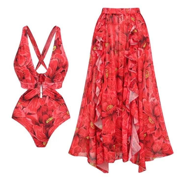 Damen Badeanzug und Maxi-Rock-Set mit floralen Akzenten und eleganten Rüschendetails Drune