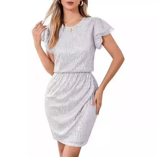 Damen Pailletten Cocktailkleid mit voluminösen Rüschenärmeln Drune