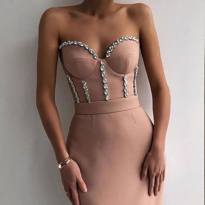 Damen figurbetontes Abendkleid mit eleganter Bustier-Optik und schimmernden Applikationen Drune