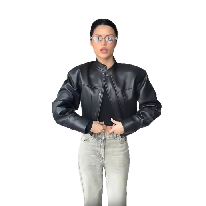 Damen Edle Kunstlederjacke mit modernem Stehkragen und kontrastierenden Nähten Drune