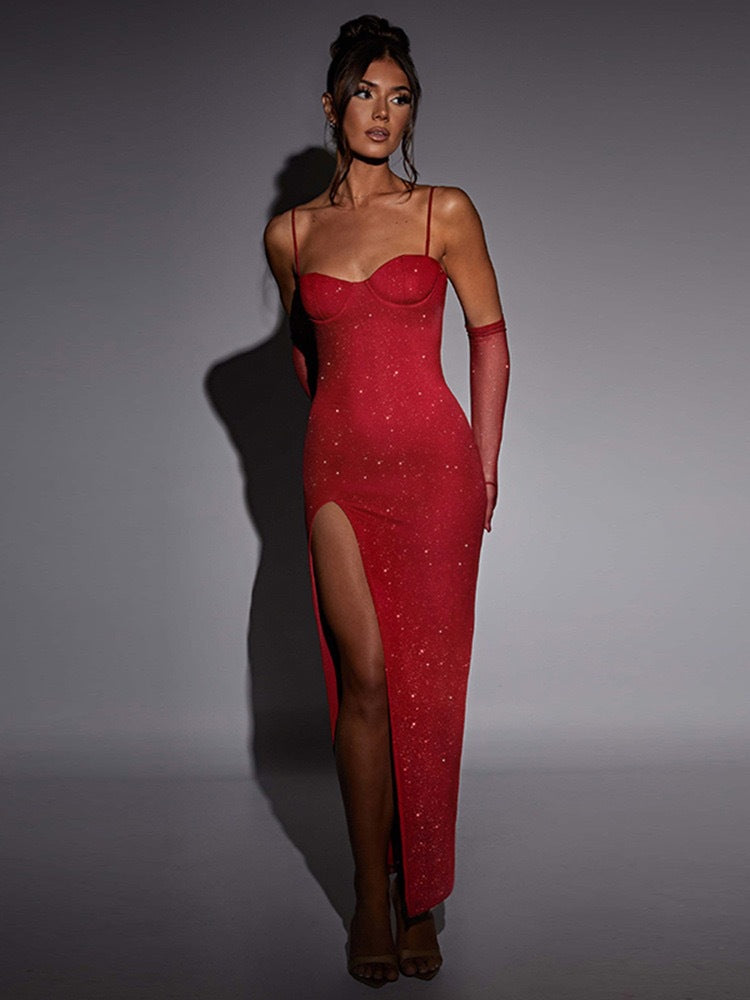 Damen Glitzerndes Maxikleid mit tiefem Schlitz und elegantem Bustier-Oberteil Drune