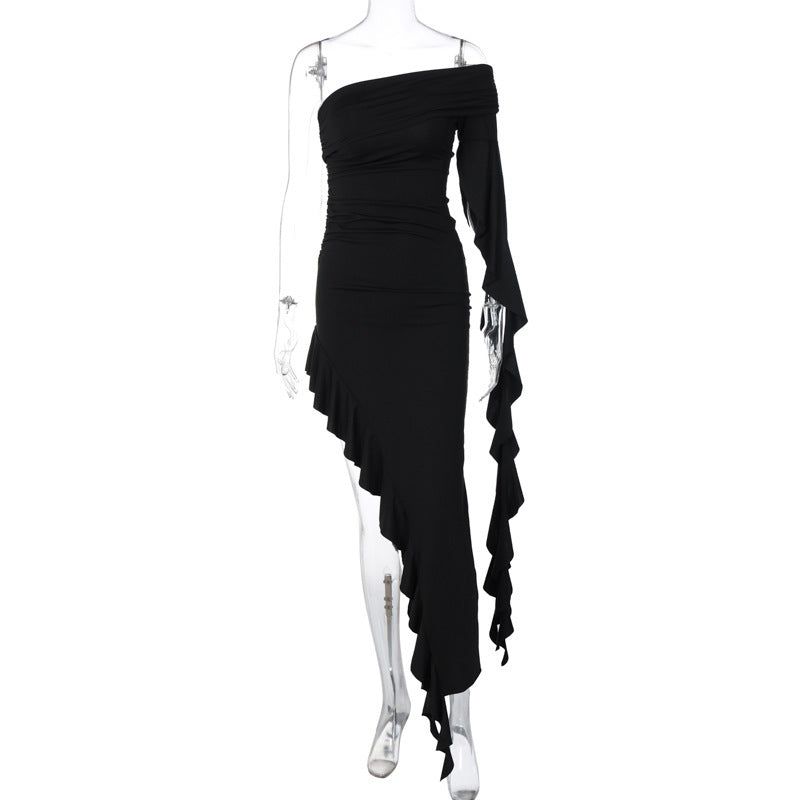 Damen elegantes Wickelkleid mit asymmetrischem Rüschendesign und dekorativem Oberteil Drune
