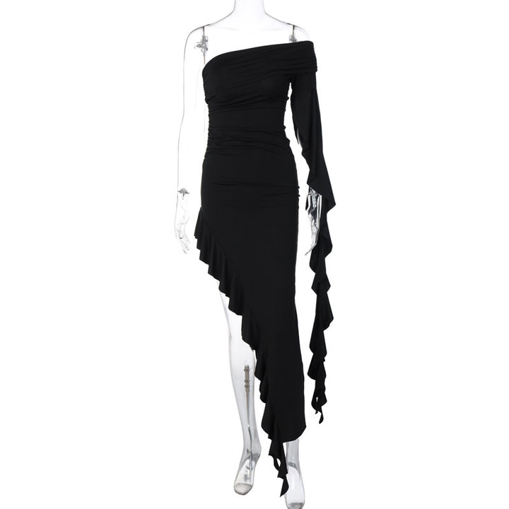 Damen elegantes Wickelkleid mit asymmetrischem Rüschendesign und dekorativem Oberteil Drune