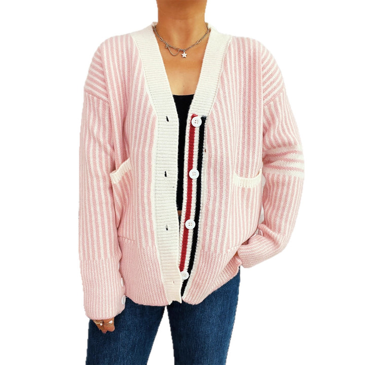 Damen gestreifter Strickcardigan mit Taschen und Knopfdetails Drune