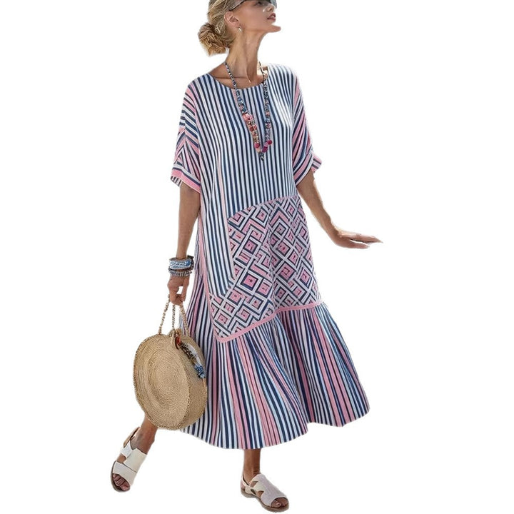 Damen Sommermaxikleid mit grafischem Muster und voluminösem Saum Drune