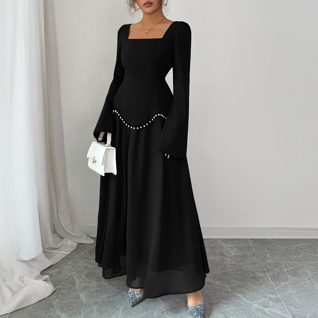 Damen nan elegantes Maxikleid mit quadratischem Ausschnitt, taillierter Schößchen-Passe und Perlenbordüre Drune