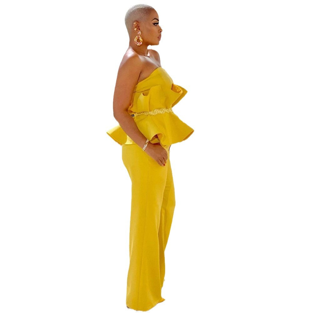 Damen Jumpsuit mit voluminösem Rüschendesign und schulterfreiem Oberteil Drune