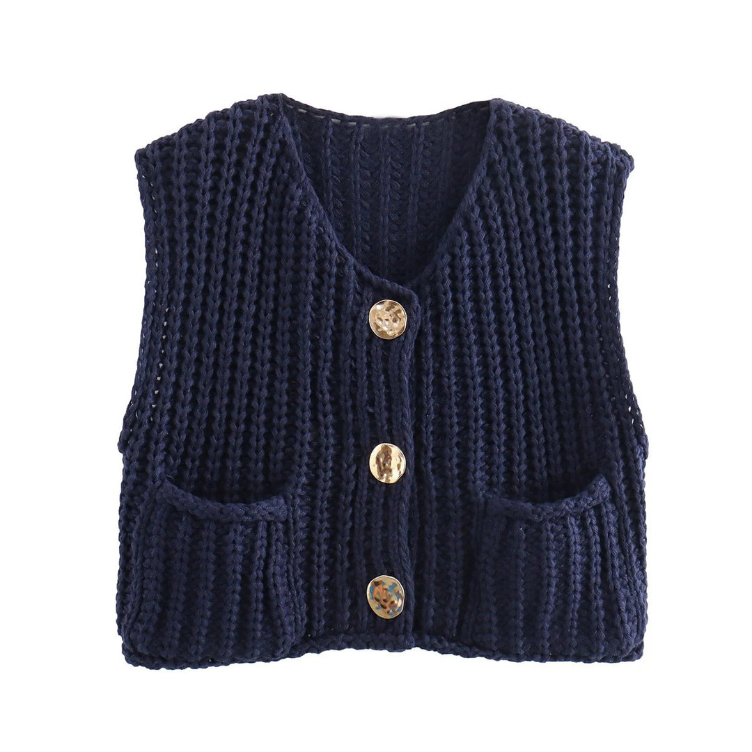 Damen modische Strickweste mit dekorativen Knopfdetails und praktischen Taschen Drune