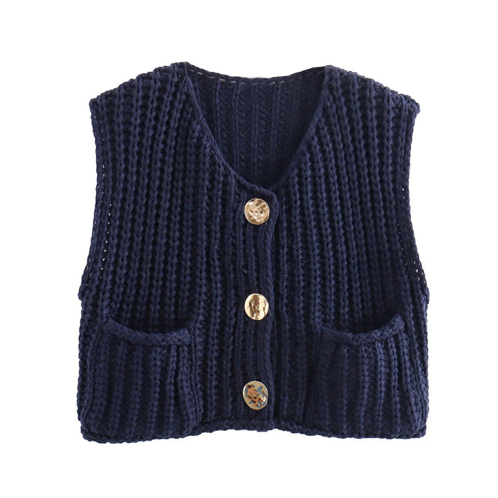 Damen modische Strickweste mit dekorativen Knopfdetails und praktischen Taschen Drune