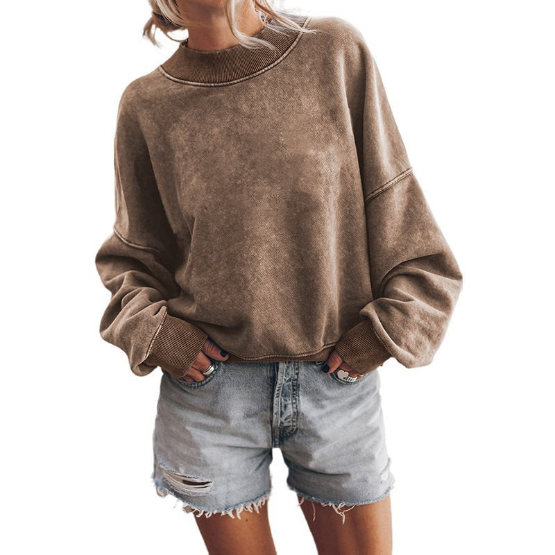 Damen lässiger Sweatshirt mit hohem Kragen und überschnittenen Schultern Drune